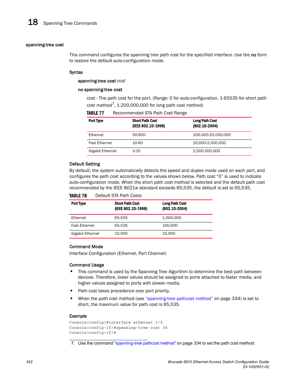 Spanning-tree cost, Table 77, Table 78 | Brocade 6910 Ethernet Access Switch Configuration Guide (Supporting R2.2.0.0) User Manual | Page 398 / 1240