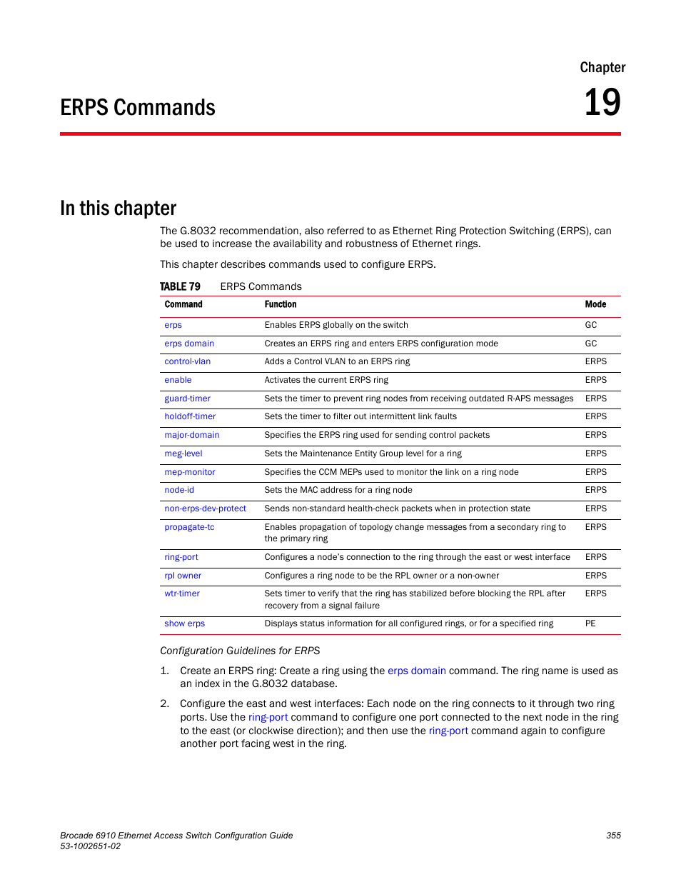 Erps commands, Chapter 19, Table 79 | Chapter | Brocade 6910 Ethernet Access Switch Configuration Guide (Supporting R2.2.0.0) User Manual | Page 411 / 1240