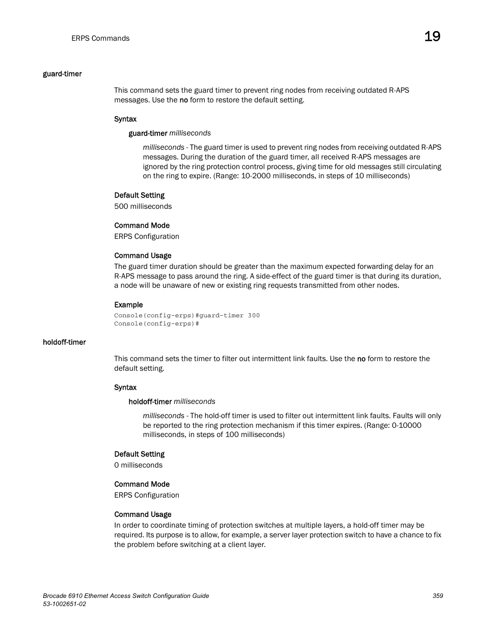 Guard-timer, Holdoff-timer, Guard-timer holdoff-timer | Brocade 6910 Ethernet Access Switch Configuration Guide (Supporting R2.2.0.0) User Manual | Page 415 / 1240