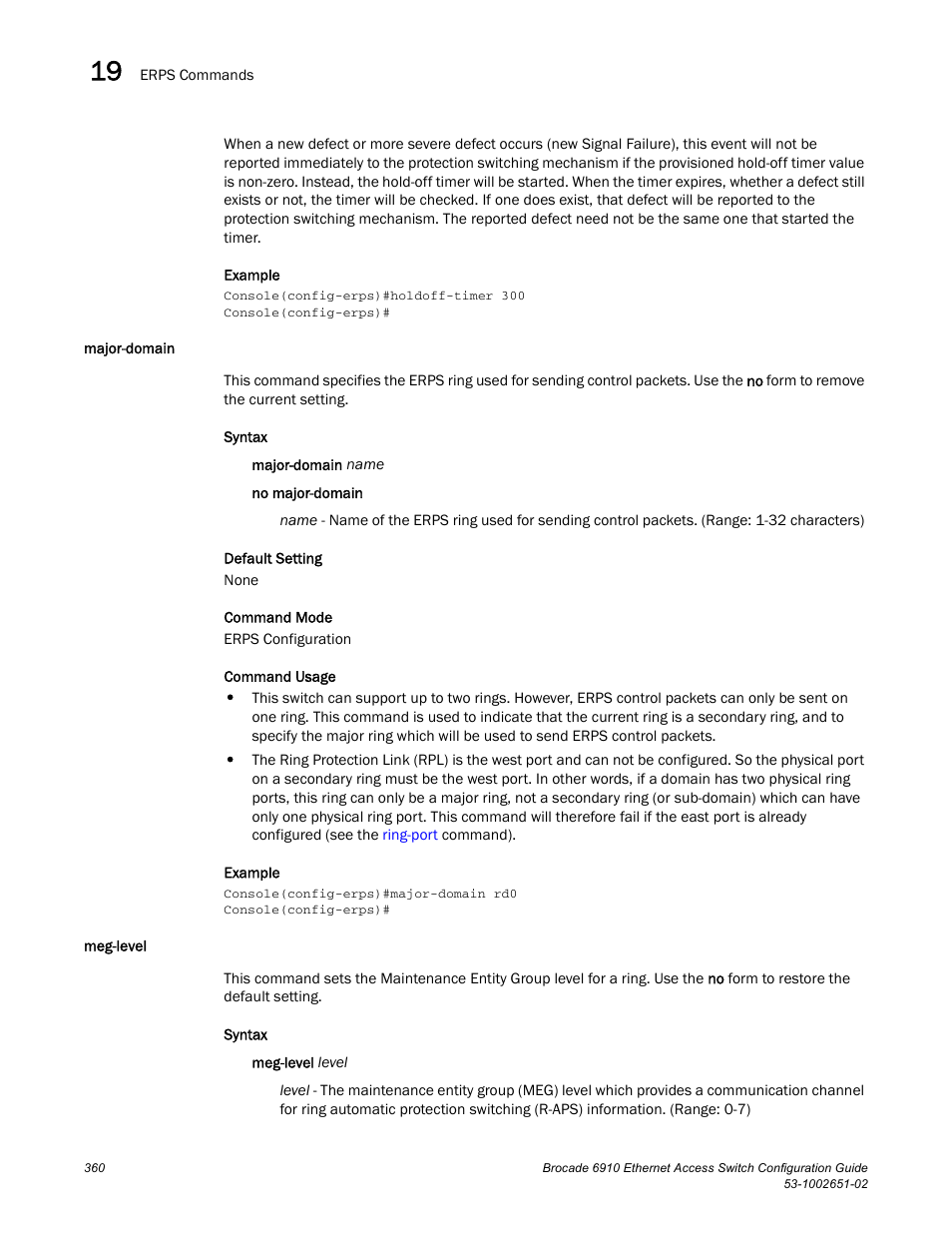 Major-domain, Meg-level, Major-domain meg-level | Brocade 6910 Ethernet Access Switch Configuration Guide (Supporting R2.2.0.0) User Manual | Page 416 / 1240