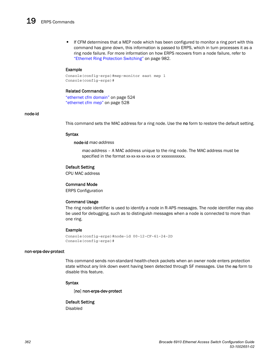 Node-id, Non-erps-dev-protect, Node-id non-erps-dev-protect | Brocade 6910 Ethernet Access Switch Configuration Guide (Supporting R2.2.0.0) User Manual | Page 418 / 1240