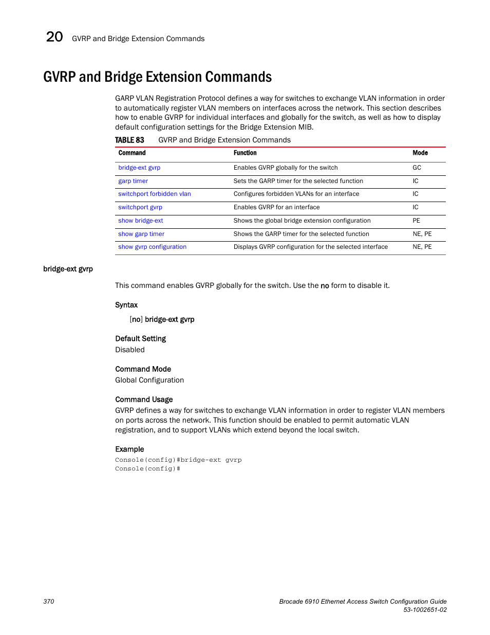 Gvrp and bridge extension commands, Bridge-ext gvrp, Table 83 | Brocade 6910 Ethernet Access Switch Configuration Guide (Supporting R2.2.0.0) User Manual | Page 426 / 1240