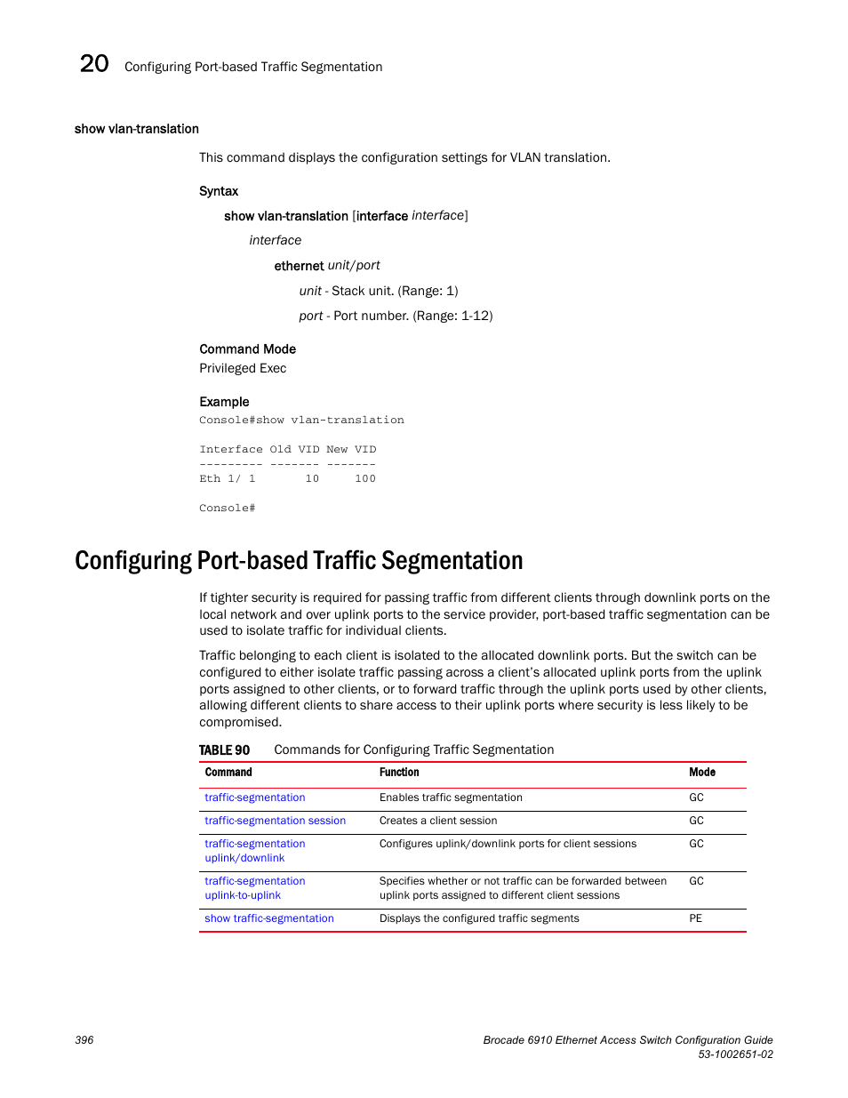 Show vlan-translation, Configuring port-based traffic segmentation, Table 90 | Brocade 6910 Ethernet Access Switch Configuration Guide (Supporting R2.2.0.0) User Manual | Page 452 / 1240