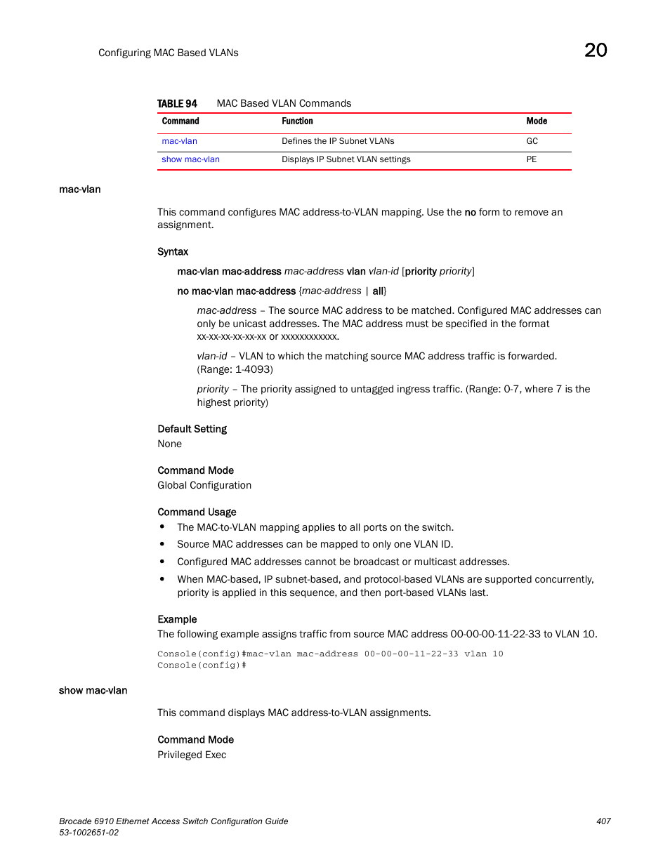 Mac-vlan, Show mac-vlan, Mac-vlan show mac-vlan | Table 94 | Brocade 6910 Ethernet Access Switch Configuration Guide (Supporting R2.2.0.0) User Manual | Page 463 / 1240