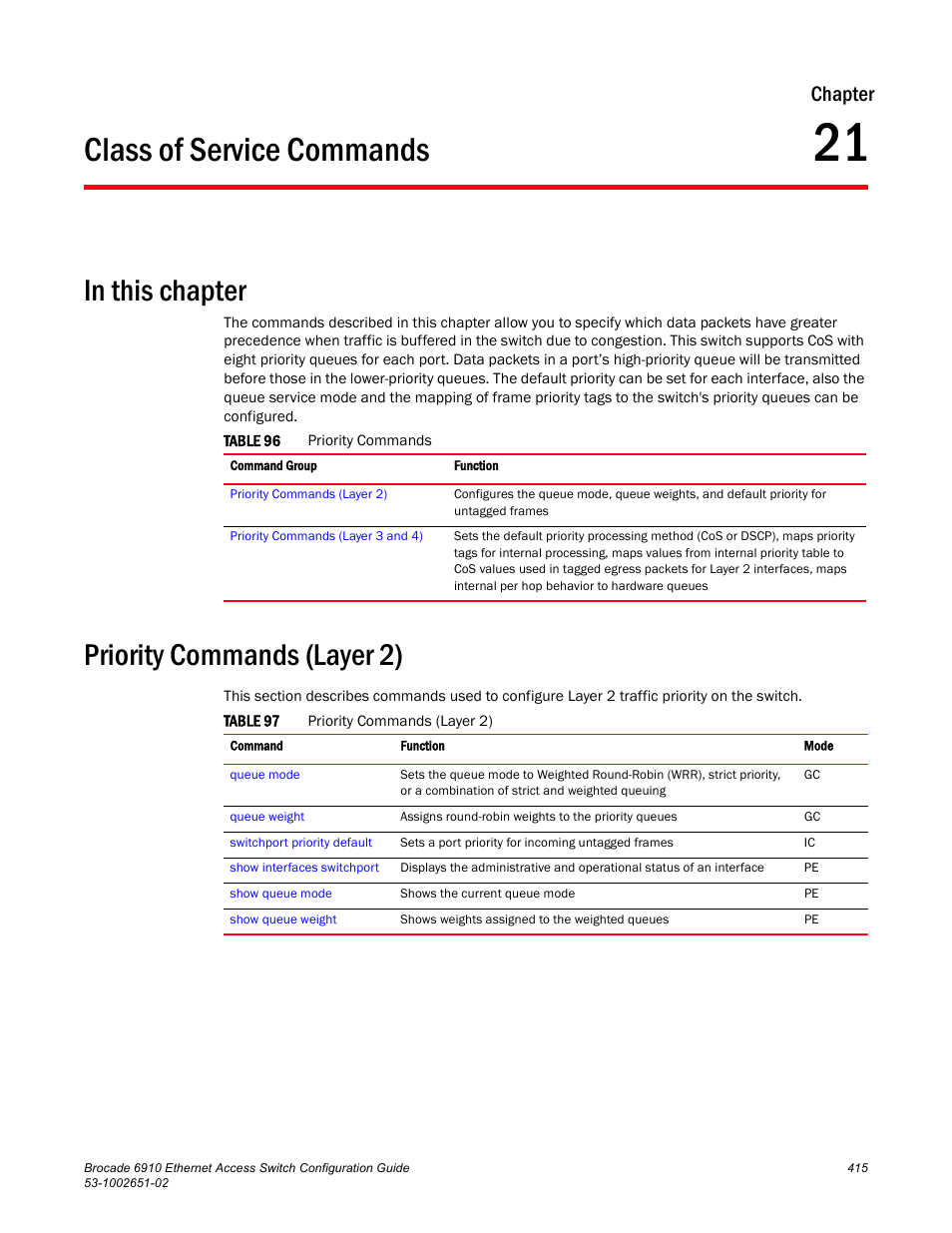 Class of service commands, Priority commands (layer 2), Chapter 21 | Table 96, Table 97, Chapter | Brocade 6910 Ethernet Access Switch Configuration Guide (Supporting R2.2.0.0) User Manual | Page 471 / 1240