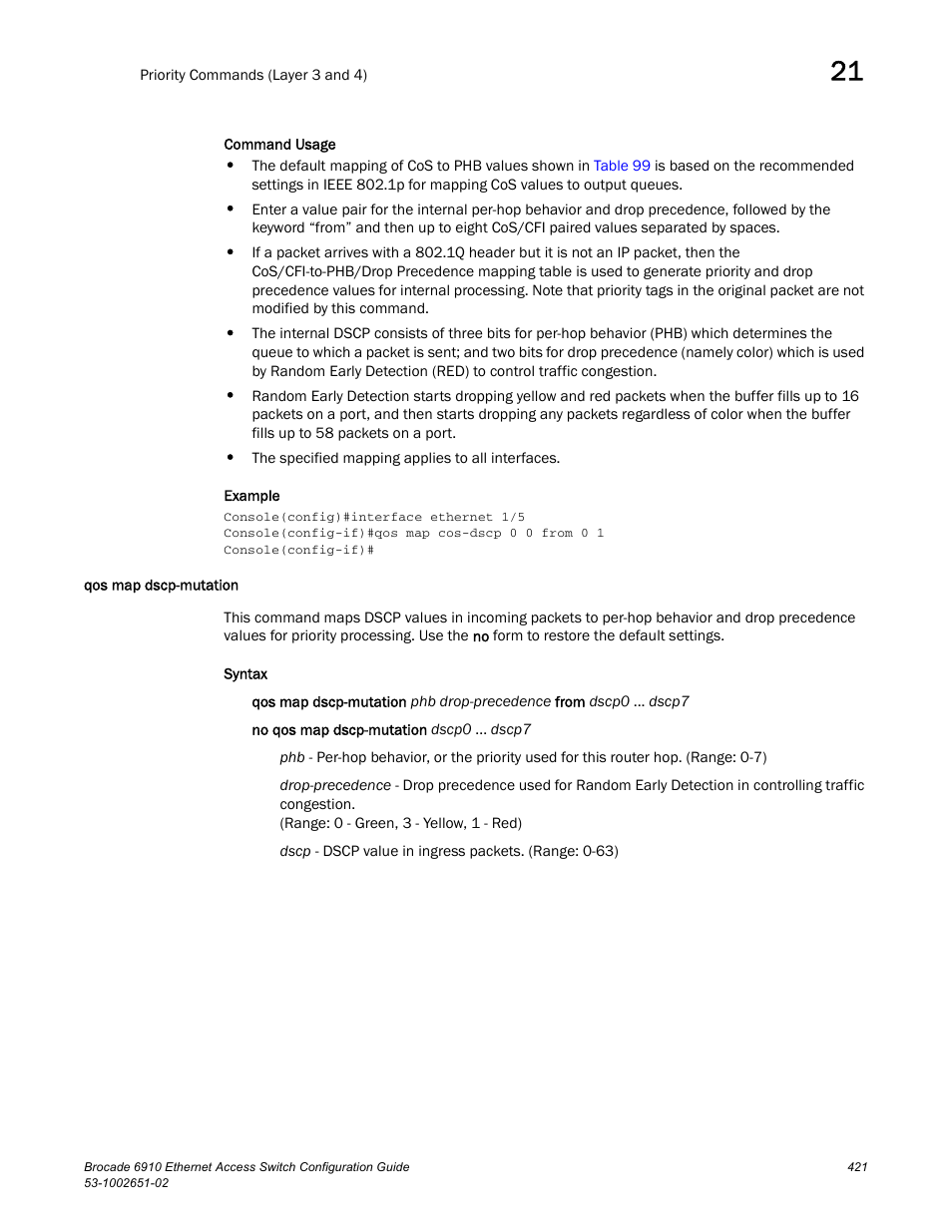 Qos map dscp-mutation | Brocade 6910 Ethernet Access Switch Configuration Guide (Supporting R2.2.0.0) User Manual | Page 477 / 1240