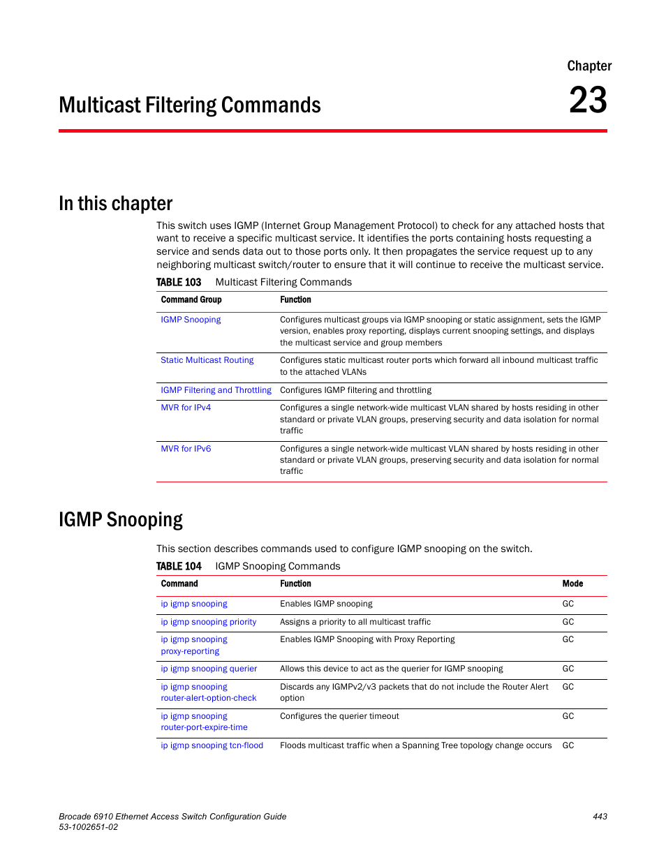 Multicast filtering commands, Igmp snooping, Chapter 23 | Table 103, Table 104, Chapter | Brocade 6910 Ethernet Access Switch Configuration Guide (Supporting R2.2.0.0) User Manual | Page 499 / 1240