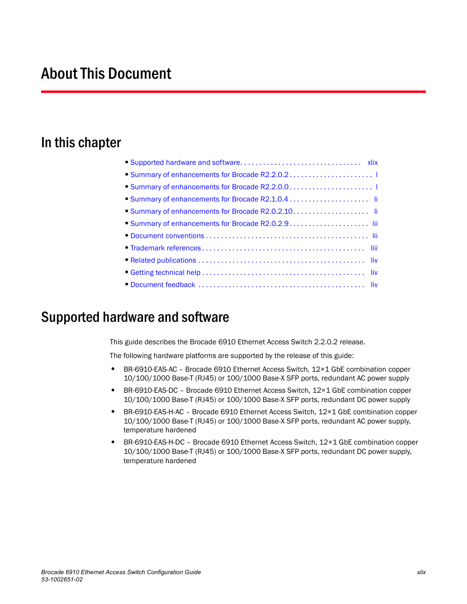 About this document, Supported hardware and software | Brocade 6910 Ethernet Access Switch Configuration Guide (Supporting R2.2.0.0) User Manual | Page 51 / 1240