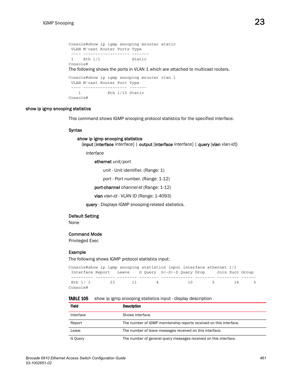 Show ip igmp snooping statistics, Table 105 | Brocade 6910 Ethernet Access Switch Configuration Guide (Supporting R2.2.0.0) User Manual | Page 517 / 1240