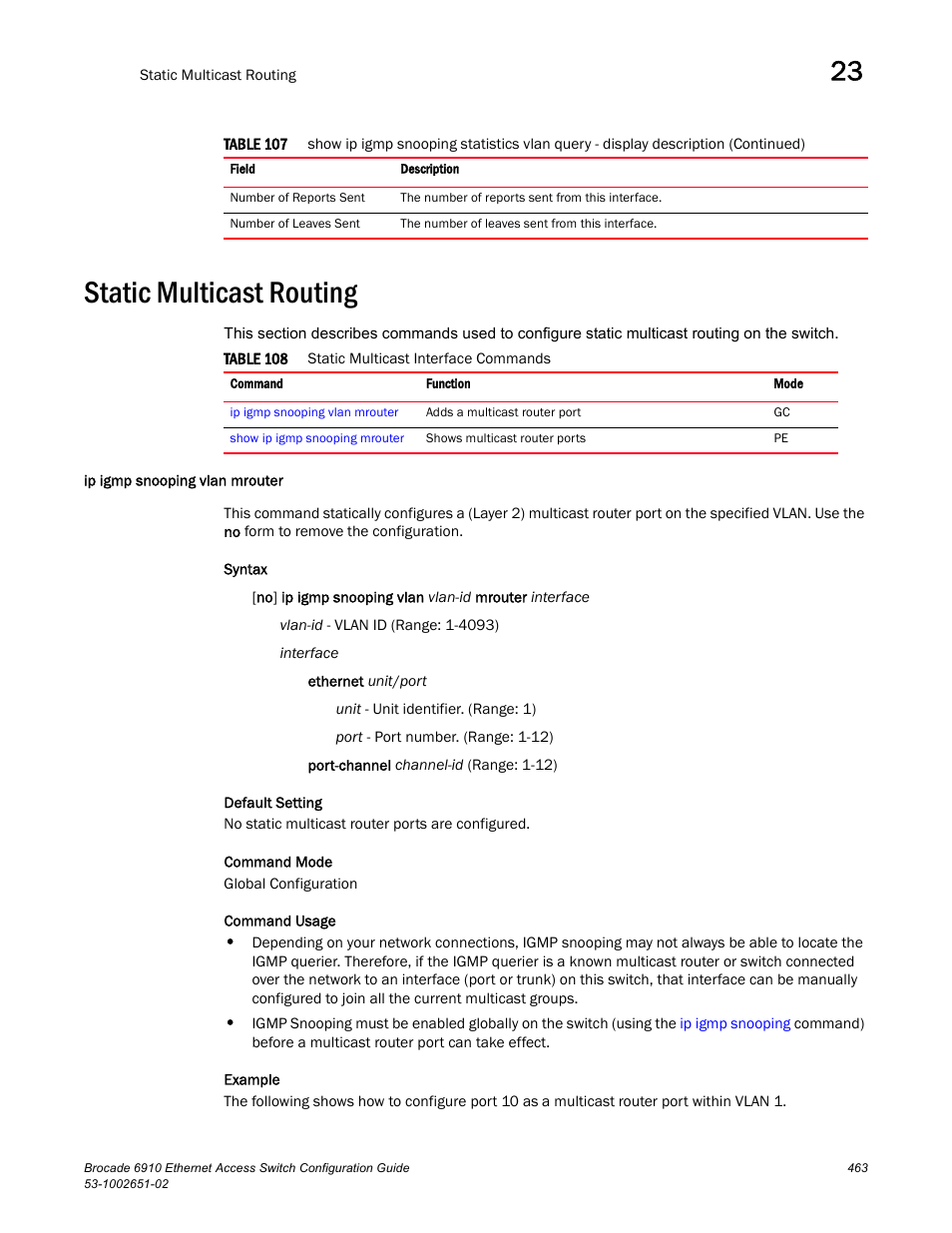 Static multicast routing, Ip igmp snooping vlan mrouter, Table 108 | Brocade 6910 Ethernet Access Switch Configuration Guide (Supporting R2.2.0.0) User Manual | Page 519 / 1240