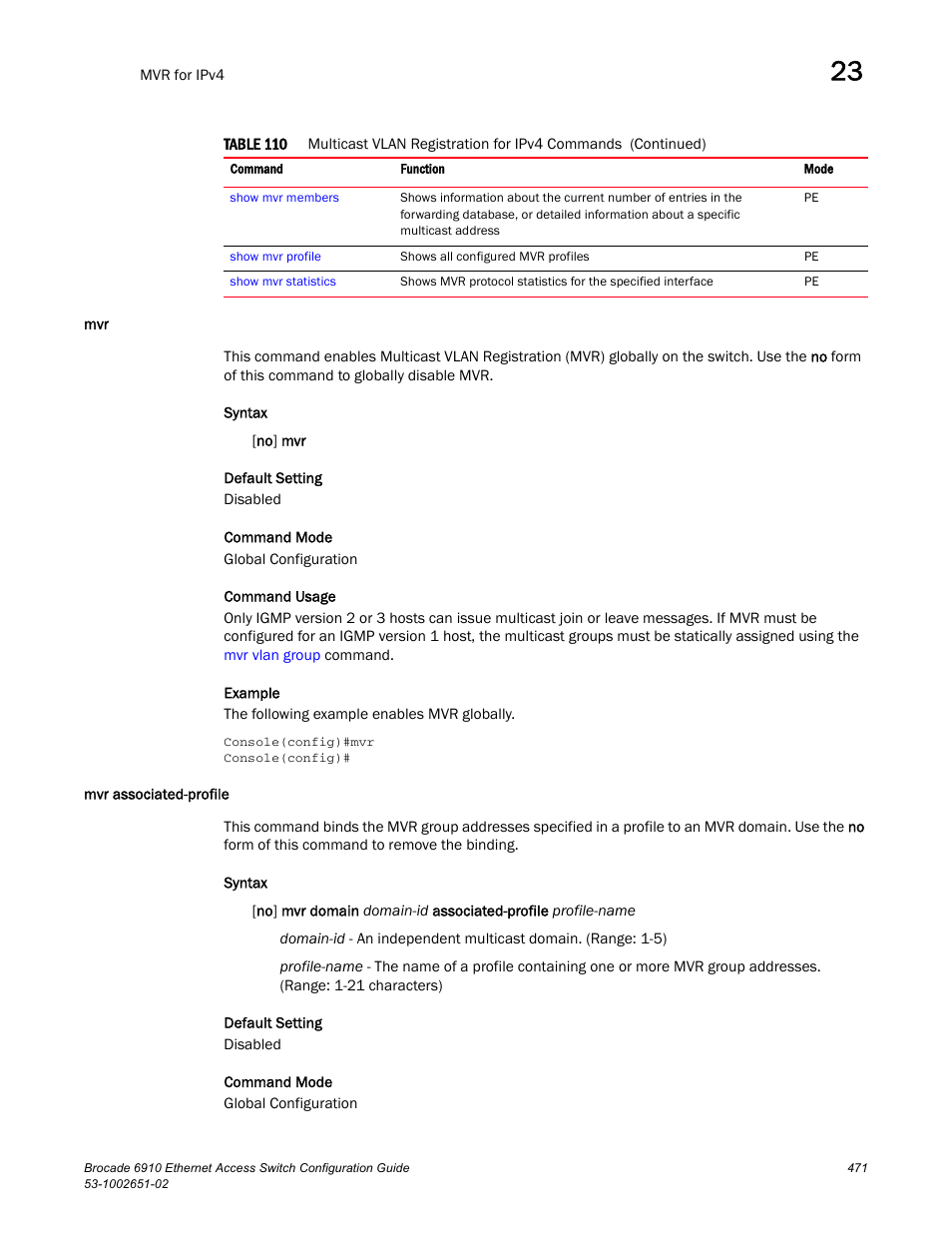 Mvr associated-profile, Mvr mvr associated-profile | Brocade 6910 Ethernet Access Switch Configuration Guide (Supporting R2.2.0.0) User Manual | Page 527 / 1240