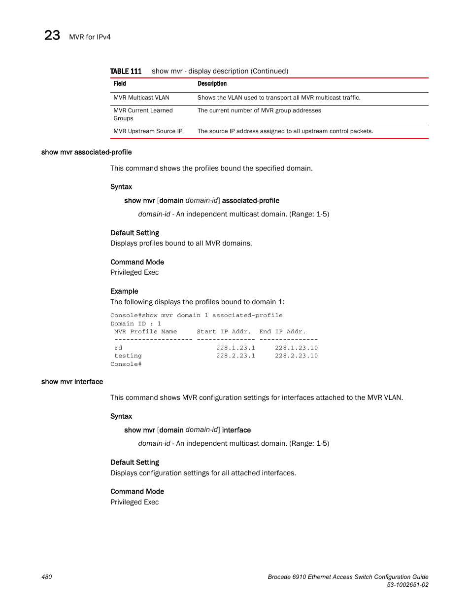 Show mvr associated-profile, Show mvr interface, Show mvr associated-profile show mvr interface | Brocade 6910 Ethernet Access Switch Configuration Guide (Supporting R2.2.0.0) User Manual | Page 536 / 1240