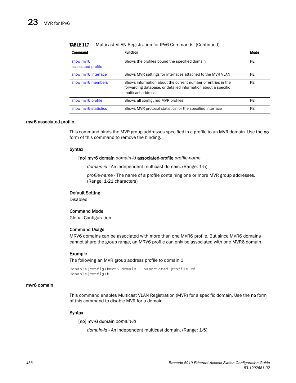 Mvr6 associated-profile, Mvr6 domain, Mvr6 associated-profile mvr6 domain | Brocade 6910 Ethernet Access Switch Configuration Guide (Supporting R2.2.0.0) User Manual | Page 542 / 1240