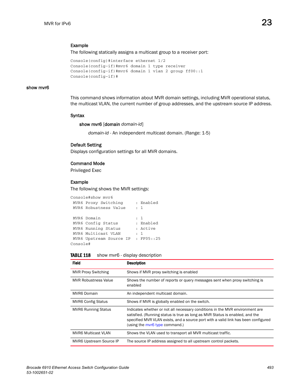 Show mvr6, Table 118 | Brocade 6910 Ethernet Access Switch Configuration Guide (Supporting R2.2.0.0) User Manual | Page 549 / 1240