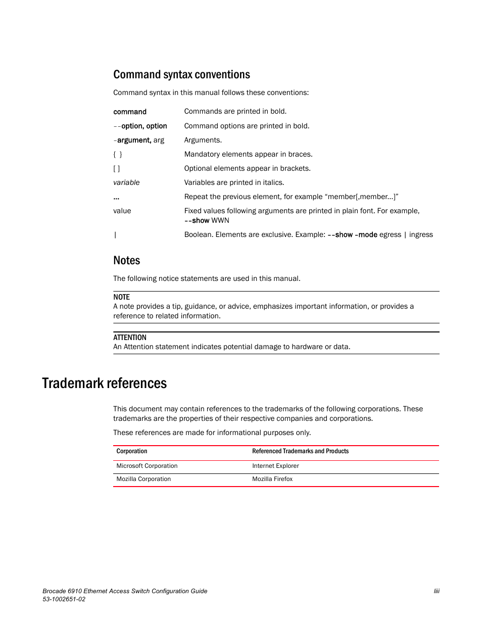 Command syntax conventions, Notes, Trademark references | Brocade 6910 Ethernet Access Switch Configuration Guide (Supporting R2.2.0.0) User Manual | Page 55 / 1240