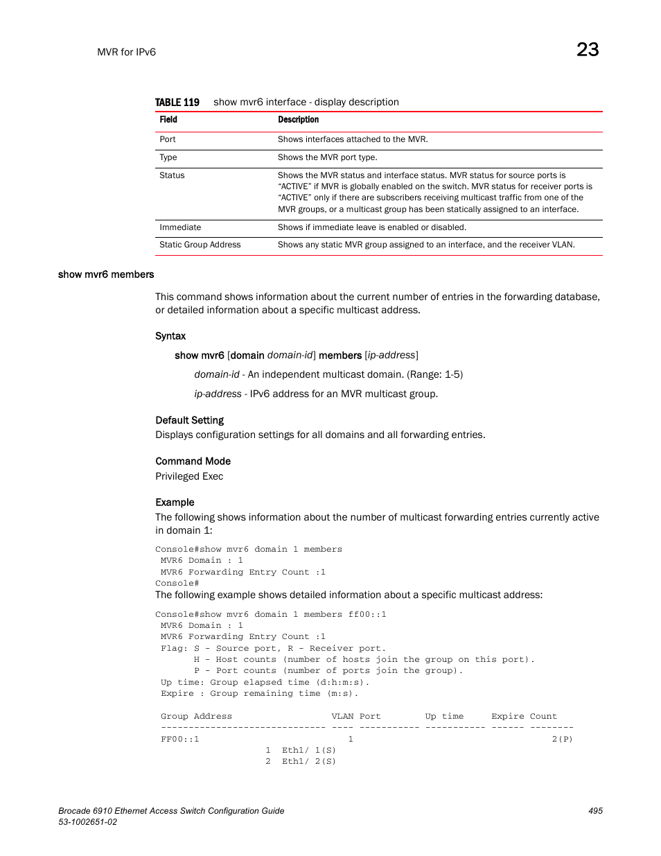 Show mvr6 members, Table 119 | Brocade 6910 Ethernet Access Switch Configuration Guide (Supporting R2.2.0.0) User Manual | Page 551 / 1240