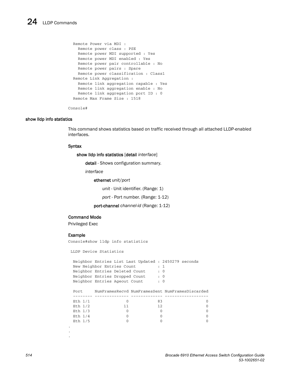 Show lldp info statistics | Brocade 6910 Ethernet Access Switch Configuration Guide (Supporting R2.2.0.0) User Manual | Page 570 / 1240