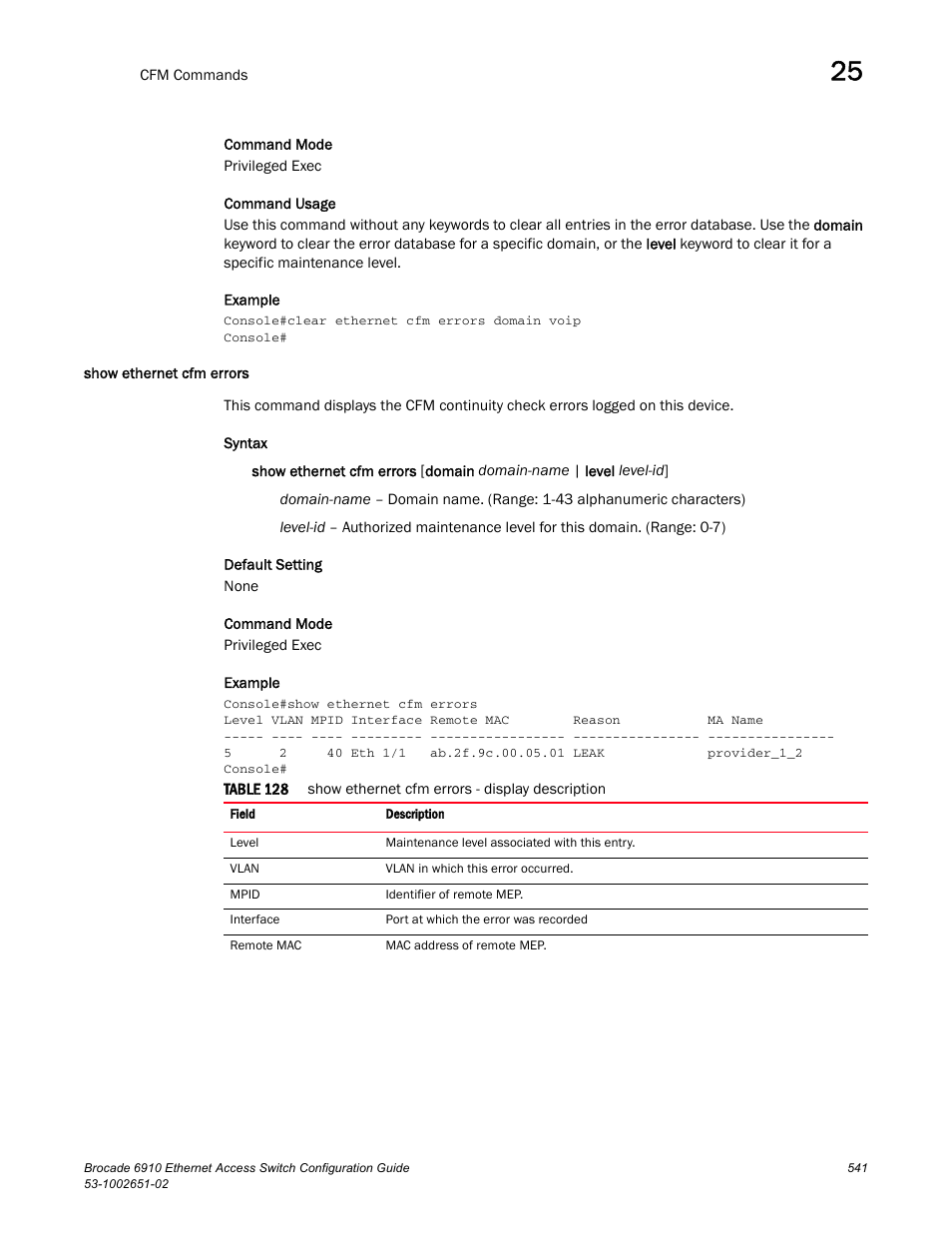 Show ethernet cfm errors, Table 128 | Brocade 6910 Ethernet Access Switch Configuration Guide (Supporting R2.2.0.0) User Manual | Page 597 / 1240