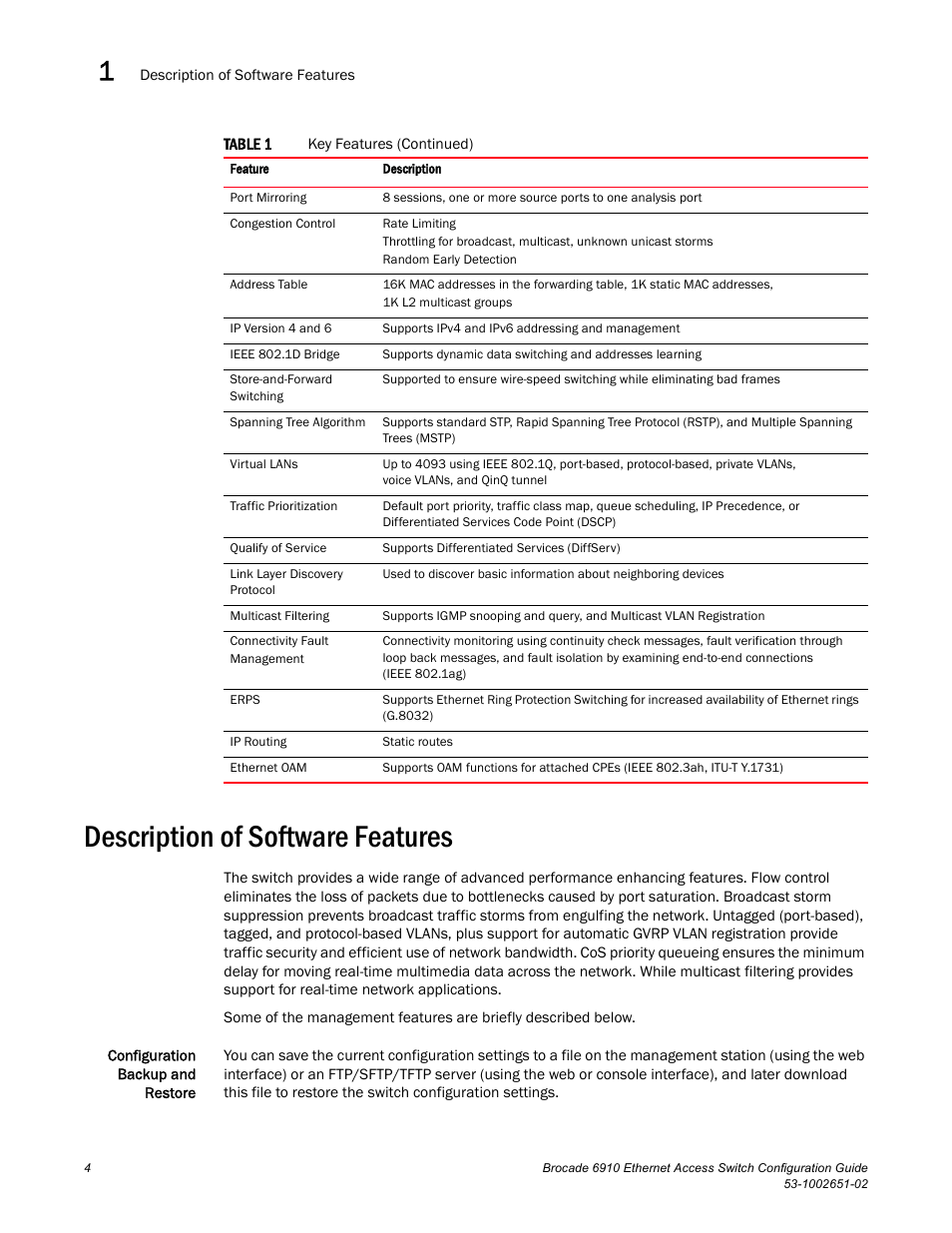 Description of software features | Brocade 6910 Ethernet Access Switch Configuration Guide (Supporting R2.2.0.0) User Manual | Page 60 / 1240