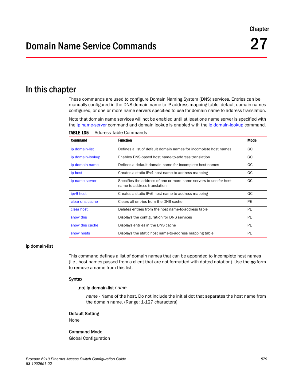 Domain name service commands, Ip domain-list, Chapter 27 | Table 135, Chapter | Brocade 6910 Ethernet Access Switch Configuration Guide (Supporting R2.2.0.0) User Manual | Page 635 / 1240