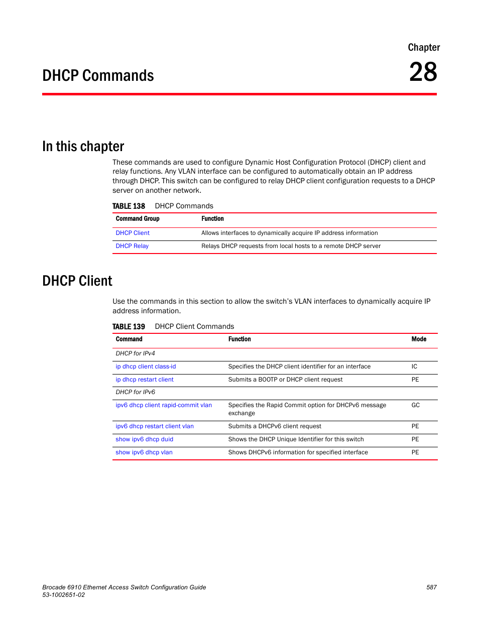 Dhcp commands, Dhcp client, Chapter 28 | Table 138, Table 139, Chapter | Brocade 6910 Ethernet Access Switch Configuration Guide (Supporting R2.2.0.0) User Manual | Page 643 / 1240