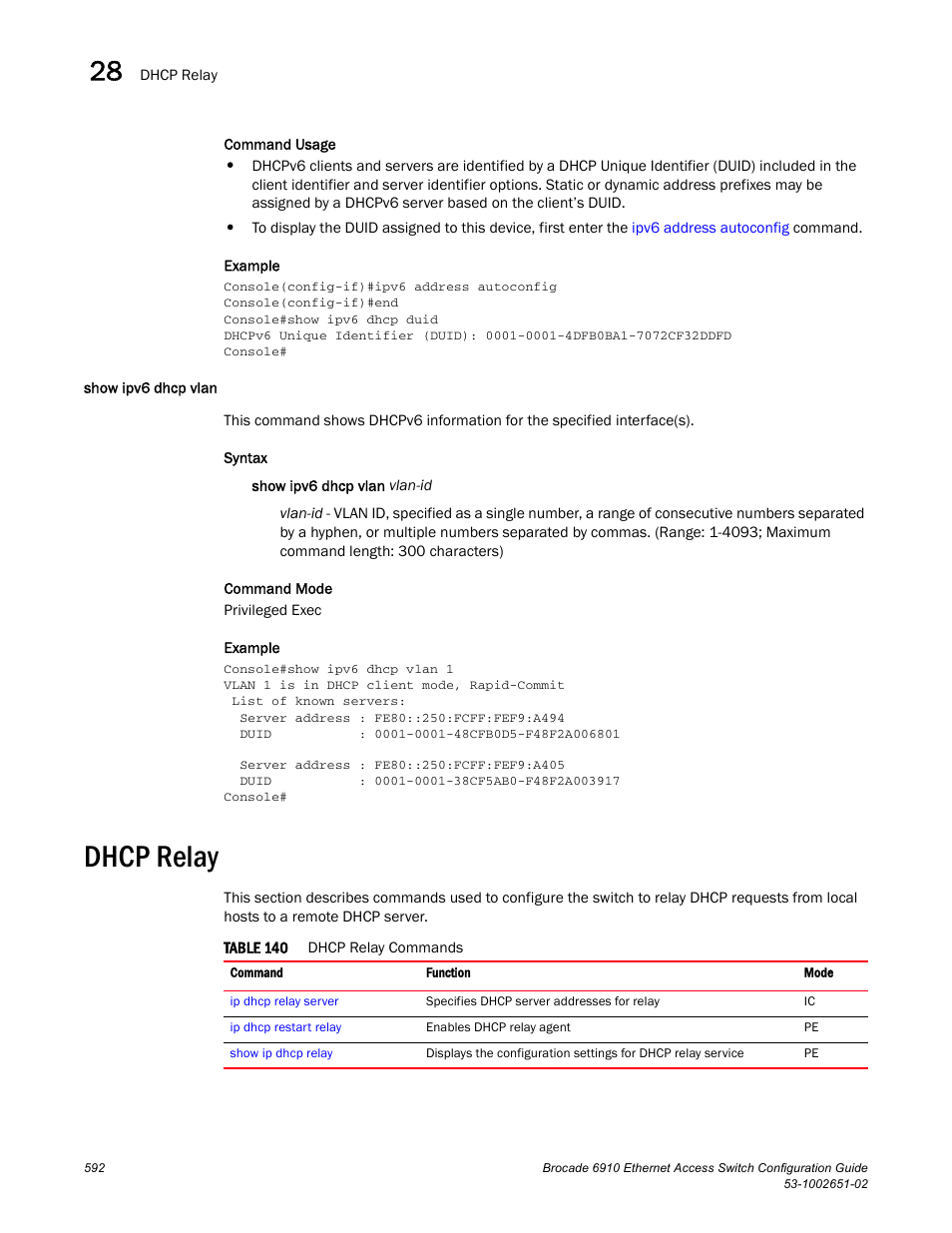 Show ipv6 dhcp vlan, Dhcp relay, Table 140 | Brocade 6910 Ethernet Access Switch Configuration Guide (Supporting R2.2.0.0) User Manual | Page 648 / 1240