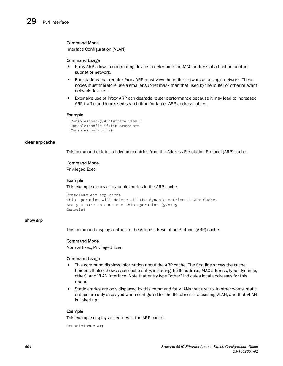 Clear arp-cache, Show arp, Clear arp-cache show arp | Brocade 6910 Ethernet Access Switch Configuration Guide (Supporting R2.2.0.0) User Manual | Page 660 / 1240