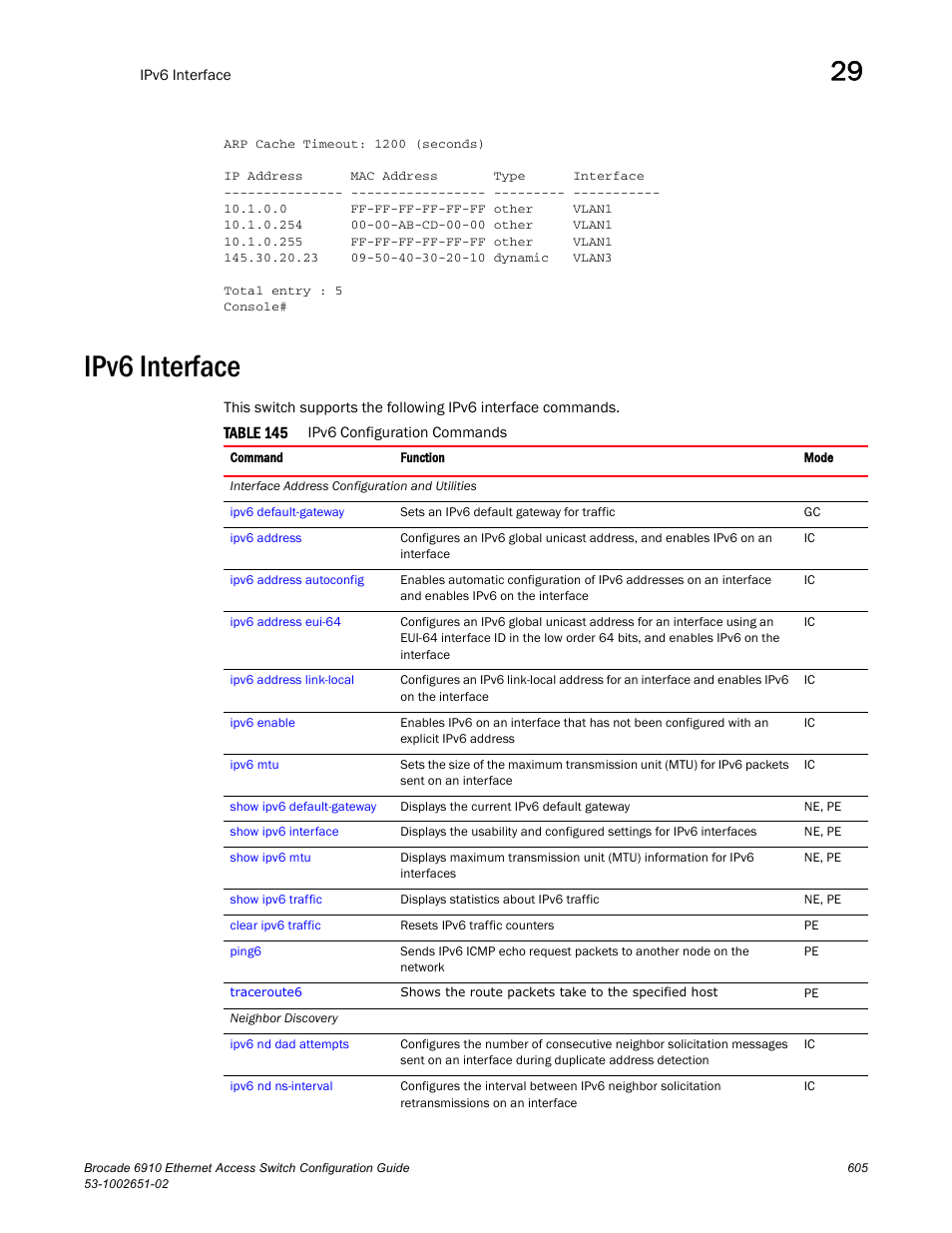 Ipv6 interface, Table 145 | Brocade 6910 Ethernet Access Switch Configuration Guide (Supporting R2.2.0.0) User Manual | Page 661 / 1240