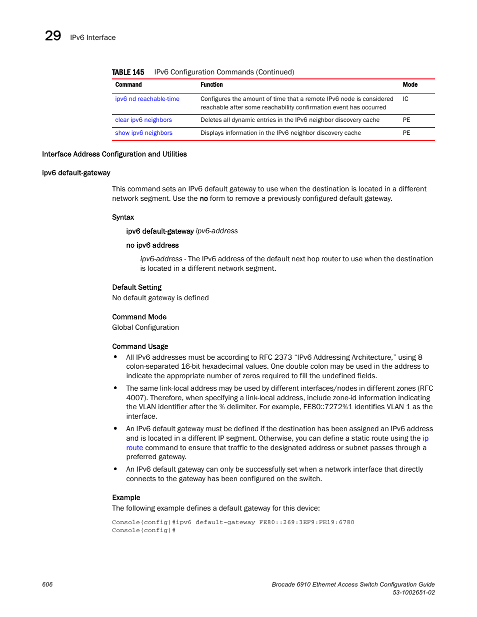 Interface address configuration and utilities, Ipv6 default-gateway | Brocade 6910 Ethernet Access Switch Configuration Guide (Supporting R2.2.0.0) User Manual | Page 662 / 1240