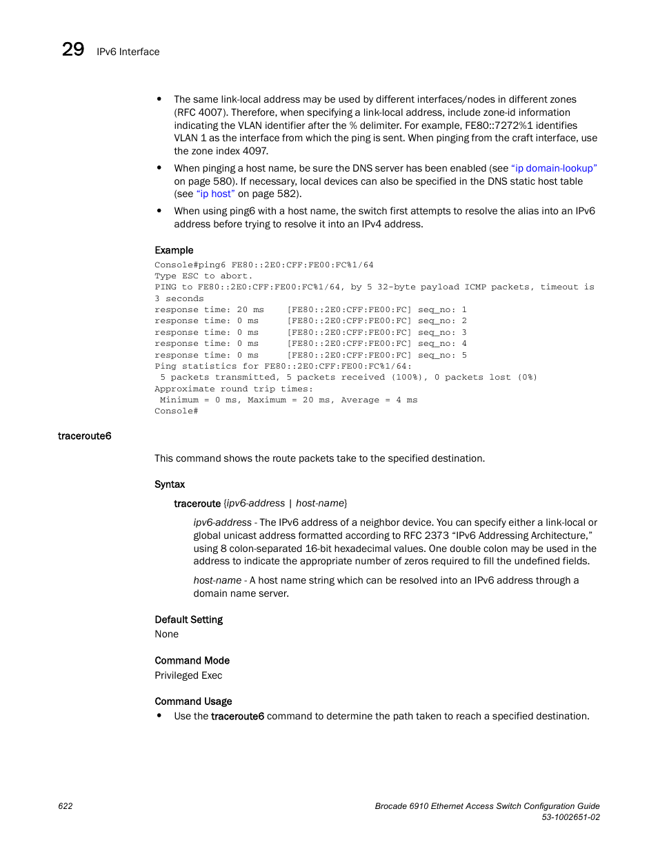 Traceroute6 | Brocade 6910 Ethernet Access Switch Configuration Guide (Supporting R2.2.0.0) User Manual | Page 678 / 1240