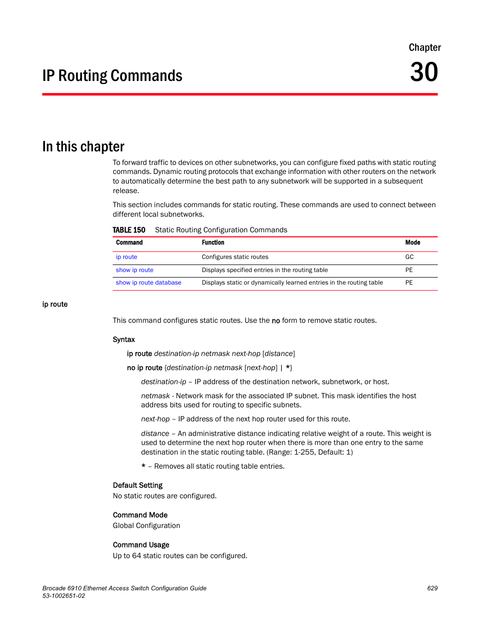 Ip routing commands, Ip route, Chapter 30 | Table 150, Route, Comm, Chapter | Brocade 6910 Ethernet Access Switch Configuration Guide (Supporting R2.2.0.0) User Manual | Page 685 / 1240