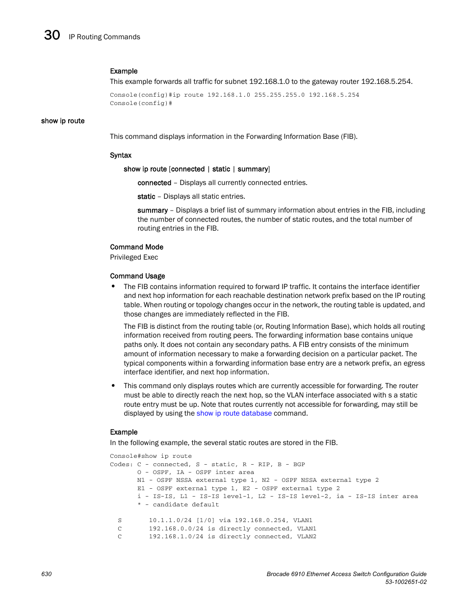 Show ip route | Brocade 6910 Ethernet Access Switch Configuration Guide (Supporting R2.2.0.0) User Manual | Page 686 / 1240