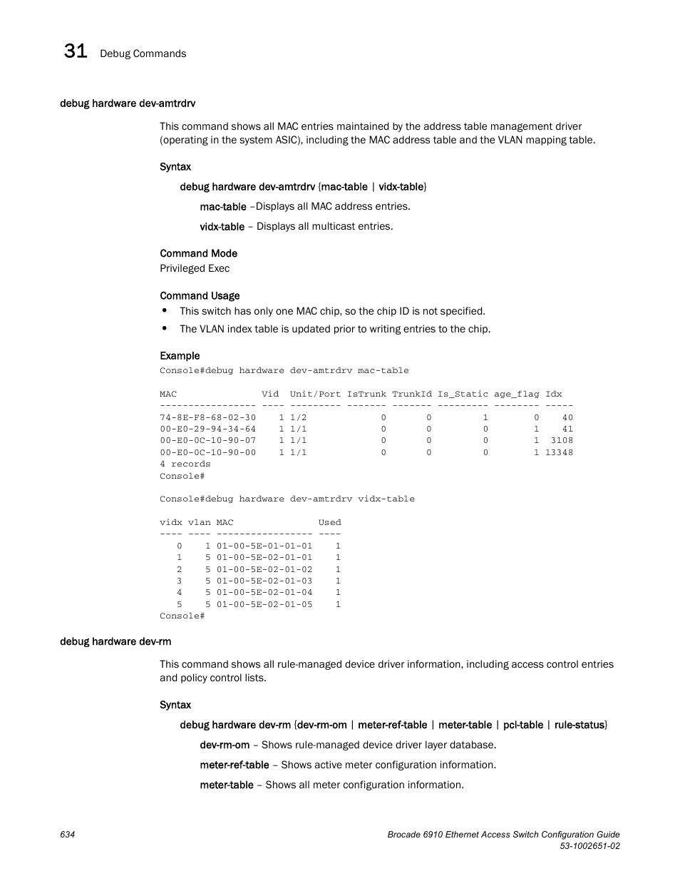 Debug hardware dev-amtrdrv, Debug hardware dev-rm, Debug hardware dev-amtrdrv debug hardware dev-rm | Brocade 6910 Ethernet Access Switch Configuration Guide (Supporting R2.2.0.0) User Manual | Page 690 / 1240