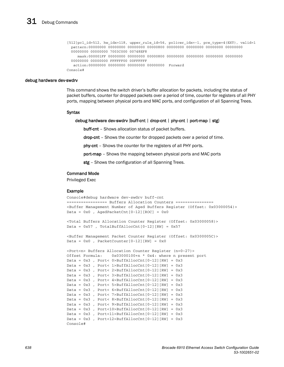 Debug hardware dev-swdrv | Brocade 6910 Ethernet Access Switch Configuration Guide (Supporting R2.2.0.0) User Manual | Page 694 / 1240