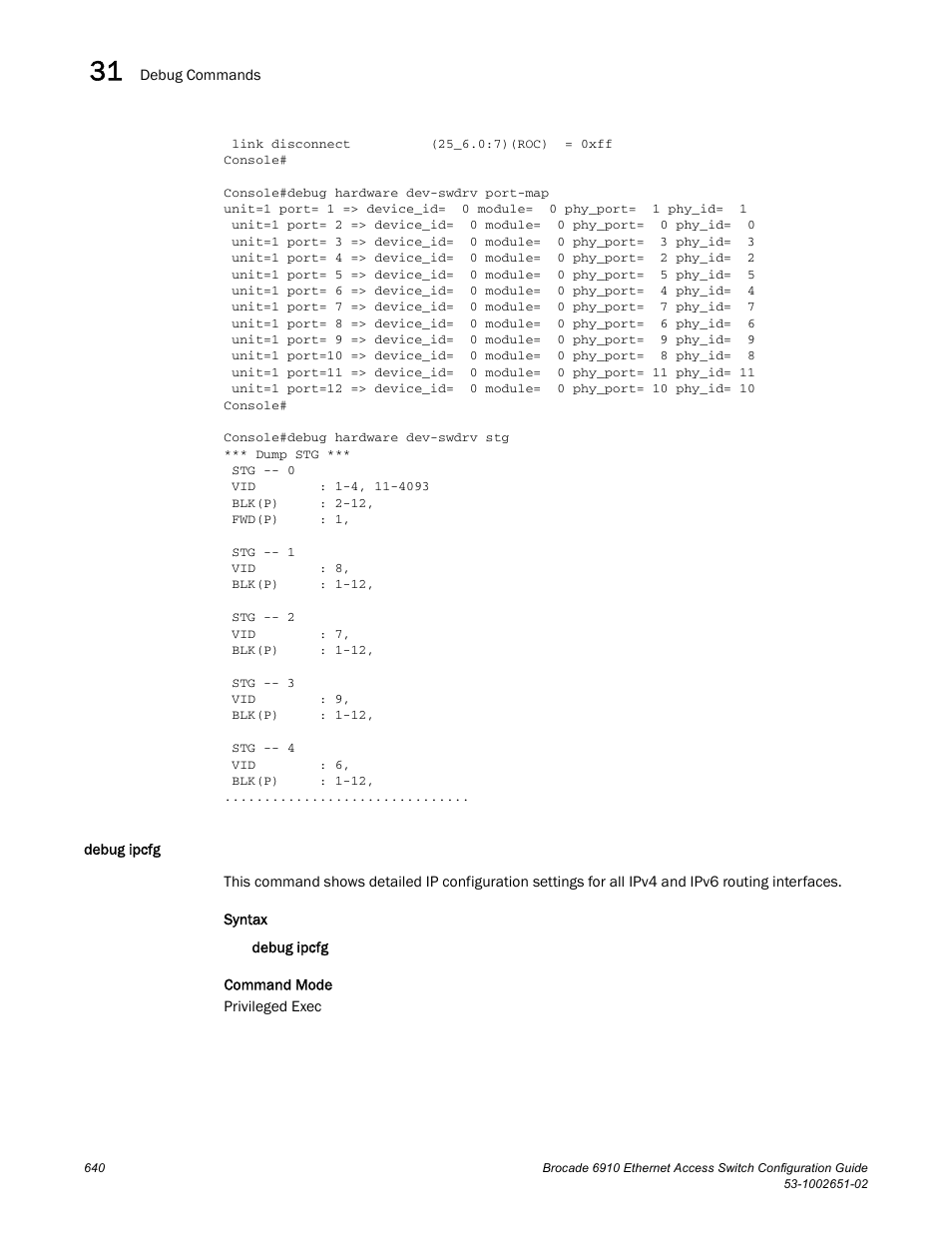 Debug ipcfg | Brocade 6910 Ethernet Access Switch Configuration Guide (Supporting R2.2.0.0) User Manual | Page 696 / 1240