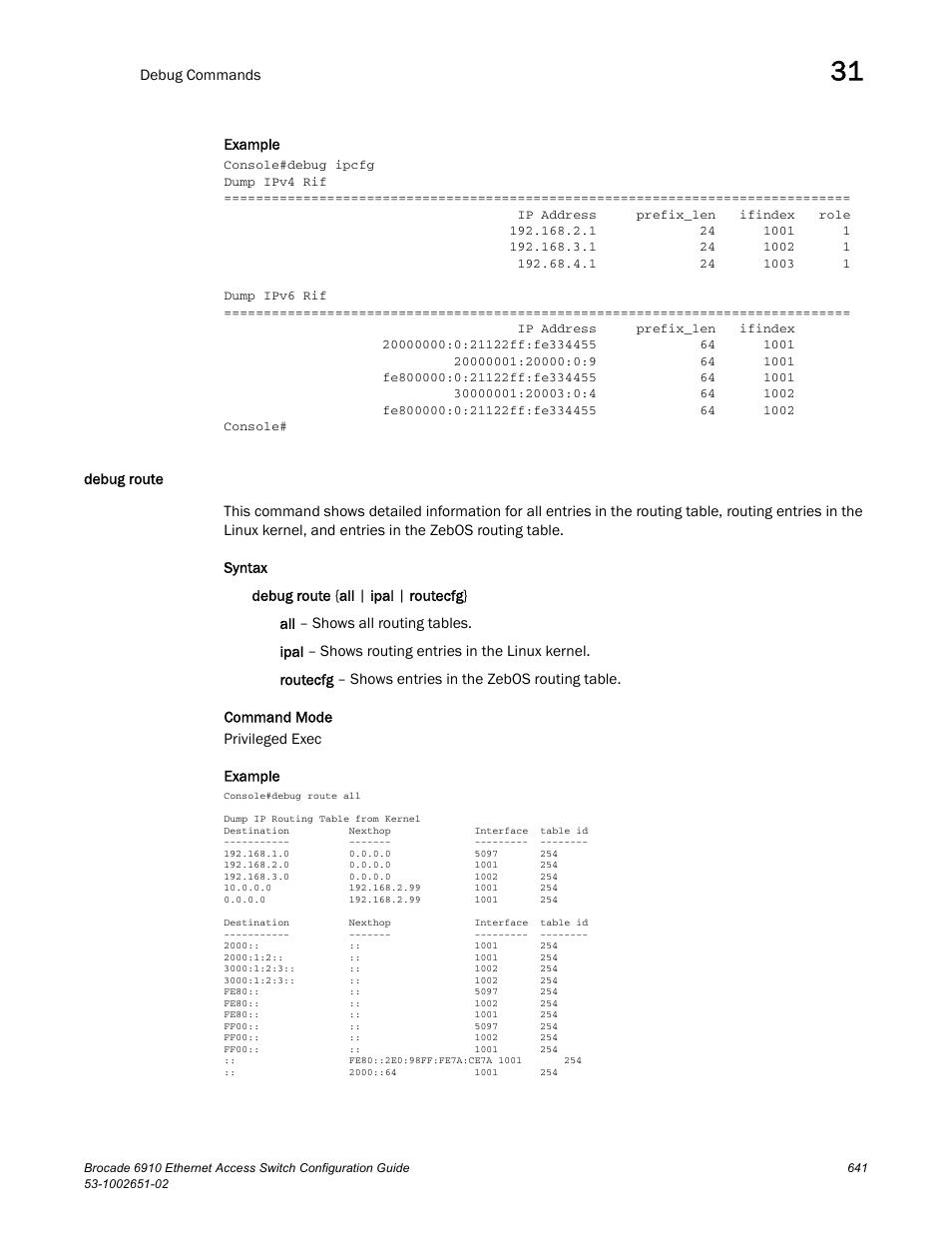 Debug route | Brocade 6910 Ethernet Access Switch Configuration Guide (Supporting R2.2.0.0) User Manual | Page 697 / 1240