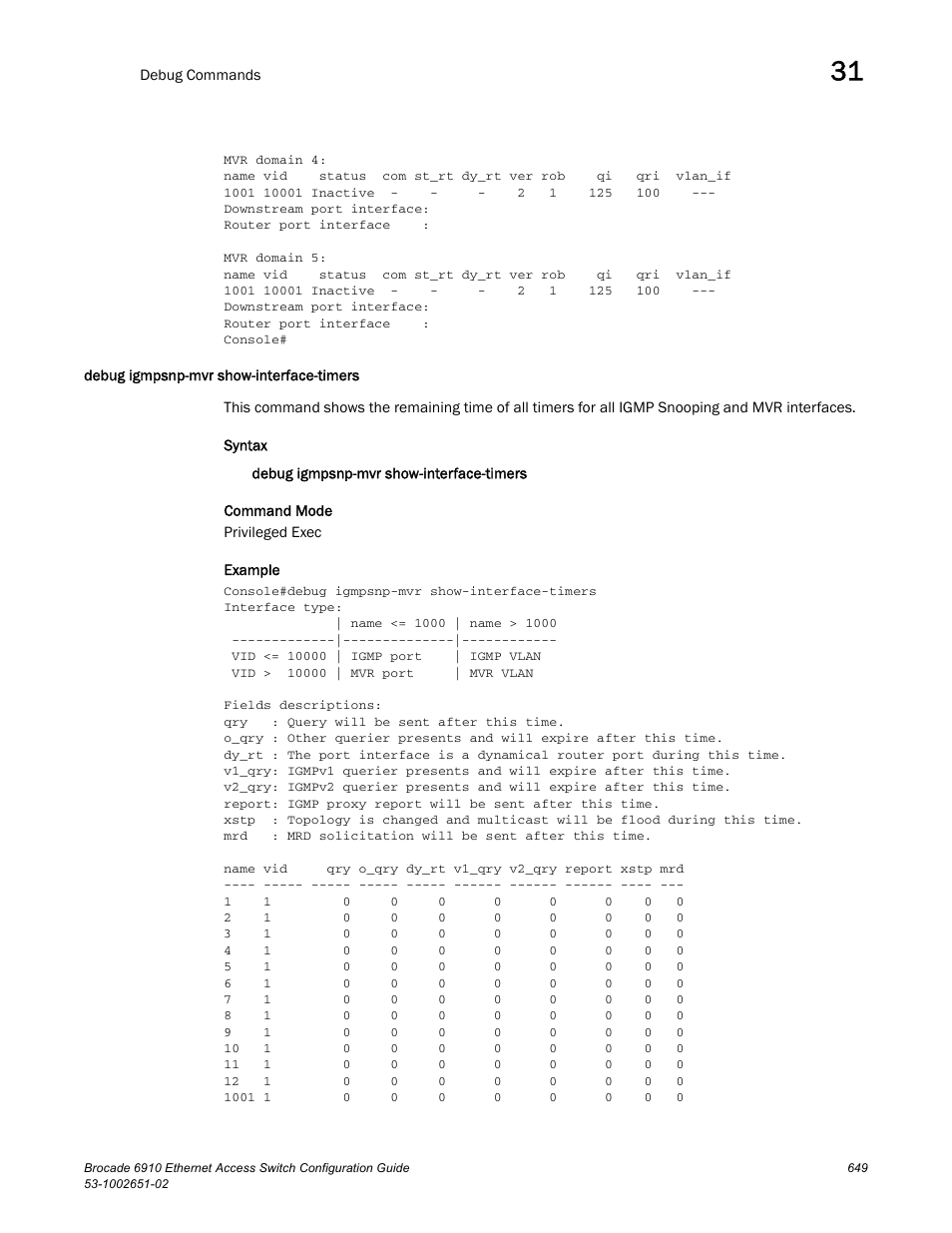 Debug igmpsnp-mvr show-interface-timers | Brocade 6910 Ethernet Access Switch Configuration Guide (Supporting R2.2.0.0) User Manual | Page 705 / 1240