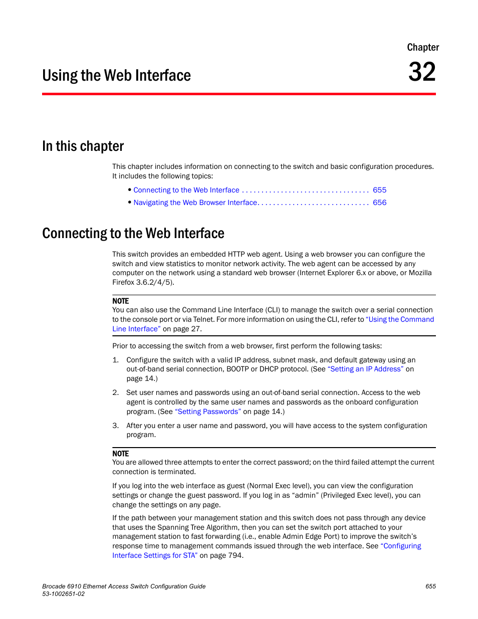 Using the web interface, Connecting to the web interface, Chapter 32 | Brocade 6910 Ethernet Access Switch Configuration Guide (Supporting R2.2.0.0) User Manual | Page 711 / 1240