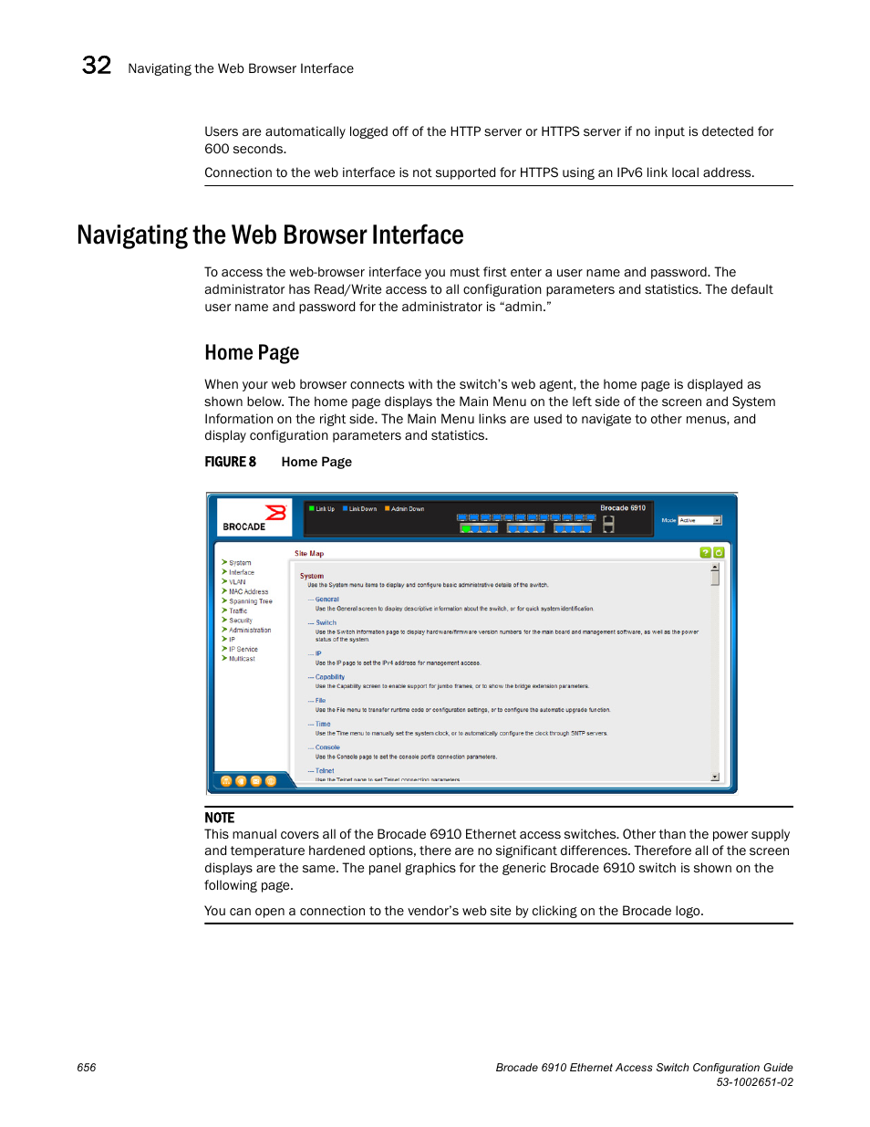 Navigating the web browser interface, Figure 8, Home page | Brocade 6910 Ethernet Access Switch Configuration Guide (Supporting R2.2.0.0) User Manual | Page 712 / 1240