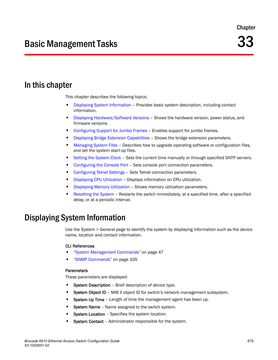 Basic management tasks, Displaying system information, Chapter 33 | Chapter | Brocade 6910 Ethernet Access Switch Configuration Guide (Supporting R2.2.0.0) User Manual | Page 731 / 1240