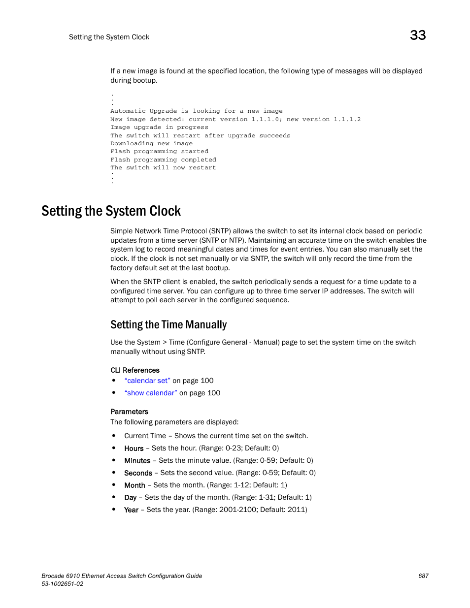 Setting the system clock, Setting the time manually | Brocade 6910 Ethernet Access Switch Configuration Guide (Supporting R2.2.0.0) User Manual | Page 743 / 1240