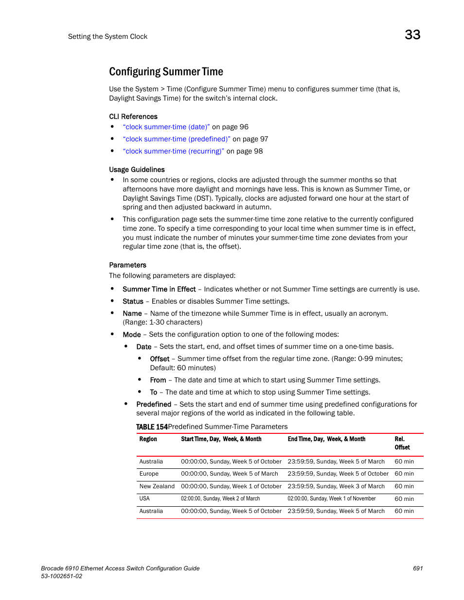 Configuring summer time, Table 154 | Brocade 6910 Ethernet Access Switch Configuration Guide (Supporting R2.2.0.0) User Manual | Page 747 / 1240