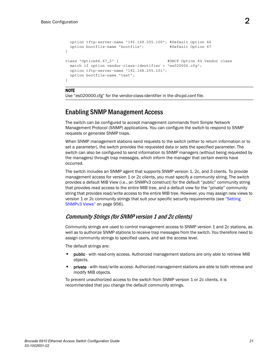 Enabling snmp management access | Brocade 6910 Ethernet Access Switch Configuration Guide (Supporting R2.2.0.0) User Manual | Page 77 / 1240