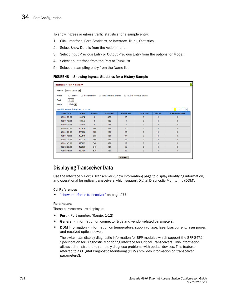 Displaying transceiver data, Figure 48 | Brocade 6910 Ethernet Access Switch Configuration Guide (Supporting R2.2.0.0) User Manual | Page 774 / 1240