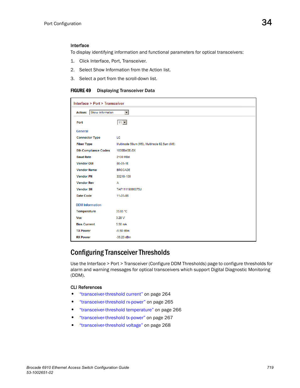 Configuring transceiver thresholds, Figure 49, Configuring transceiver | Thresholds | Brocade 6910 Ethernet Access Switch Configuration Guide (Supporting R2.2.0.0) User Manual | Page 775 / 1240