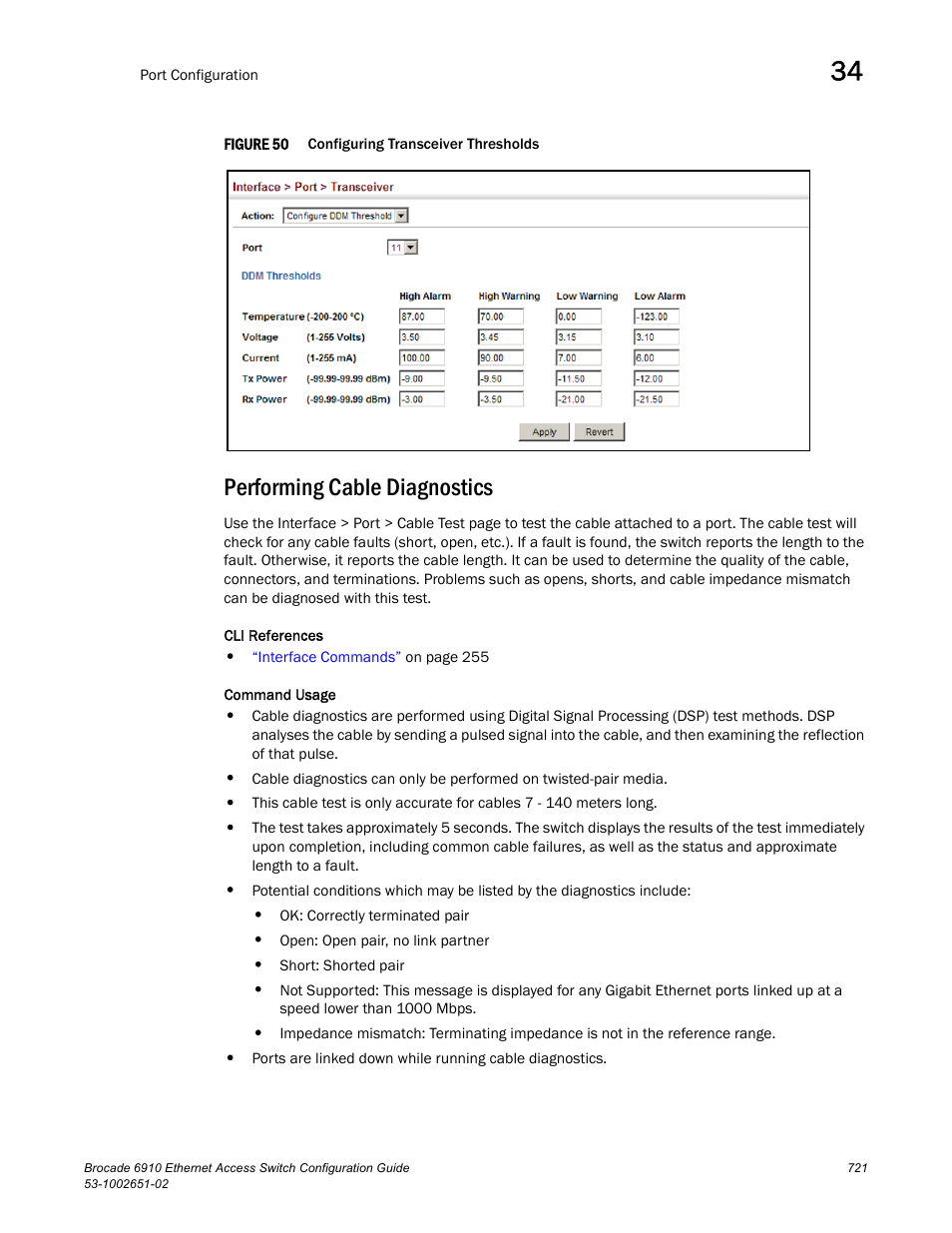 Performing cable diagnostics, Figure 50, Confi | Cable test | Brocade 6910 Ethernet Access Switch Configuration Guide (Supporting R2.2.0.0) User Manual | Page 777 / 1240