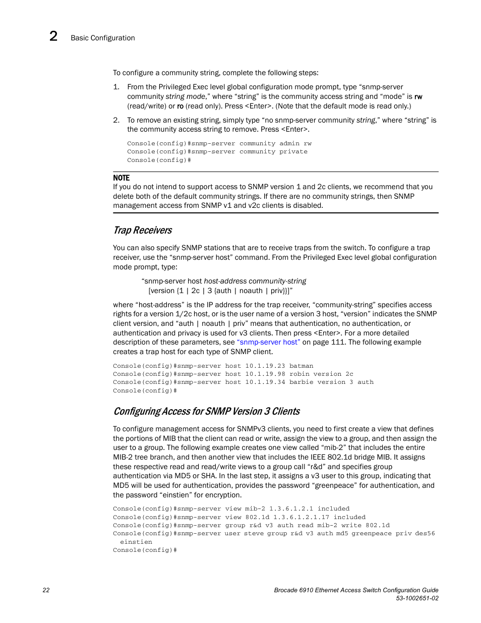 Trap receivers, Configuring access for snmp version 3 clients | Brocade 6910 Ethernet Access Switch Configuration Guide (Supporting R2.2.0.0) User Manual | Page 78 / 1240