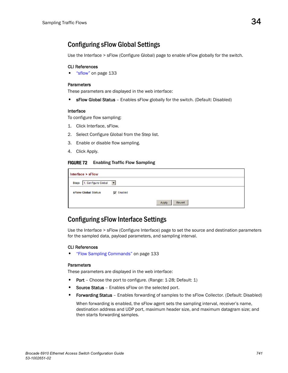 Configuring sflow global settings, Configuring sflow interface settings, Figure 72 | Brocade 6910 Ethernet Access Switch Configuration Guide (Supporting R2.2.0.0) User Manual | Page 797 / 1240