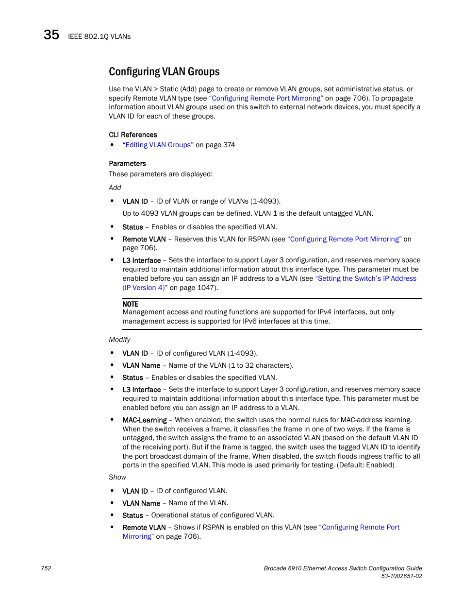 Configuring vlan groups | Brocade 6910 Ethernet Access Switch Configuration Guide (Supporting R2.2.0.0) User Manual | Page 808 / 1240