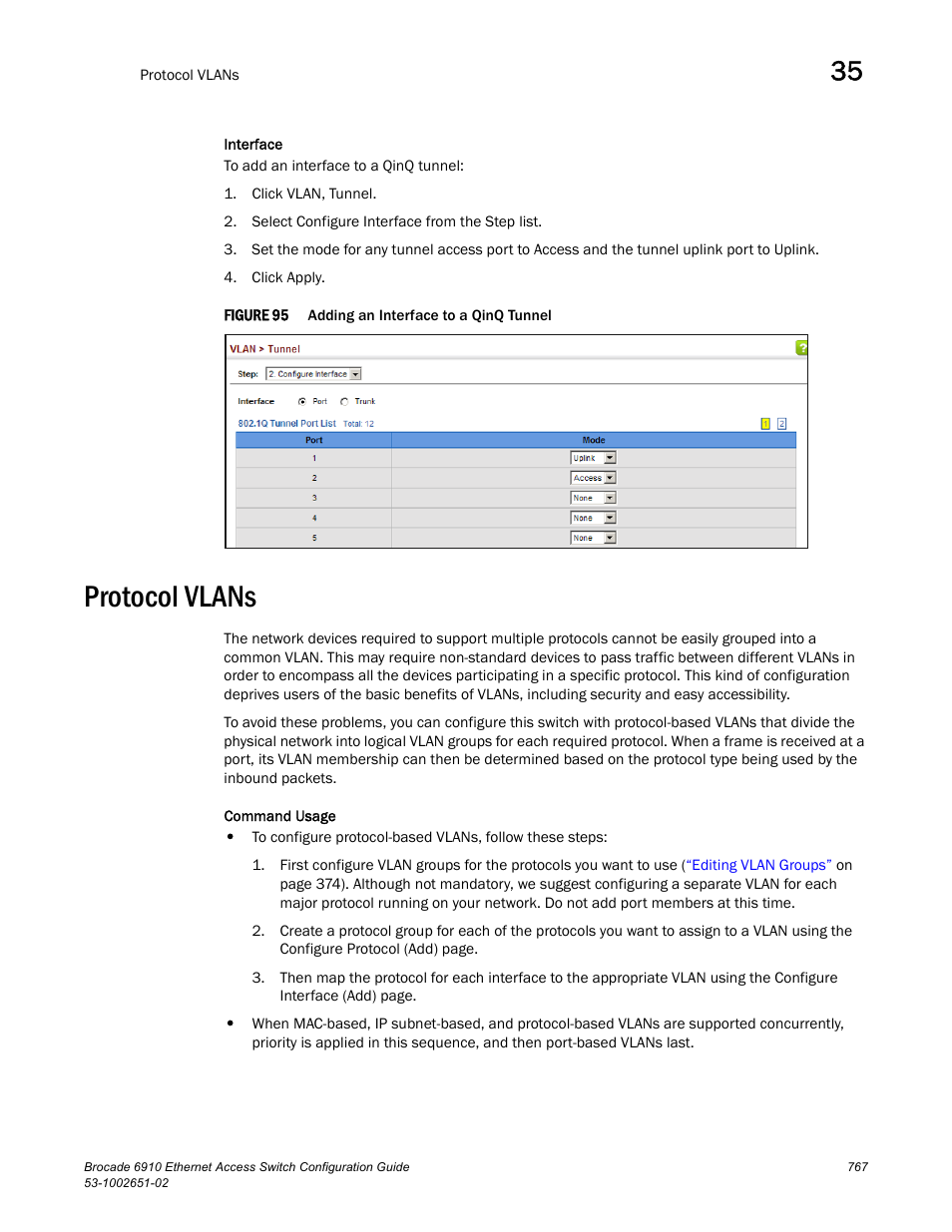 Protocol vlans, Figure 95 | Brocade 6910 Ethernet Access Switch Configuration Guide (Supporting R2.2.0.0) User Manual | Page 823 / 1240